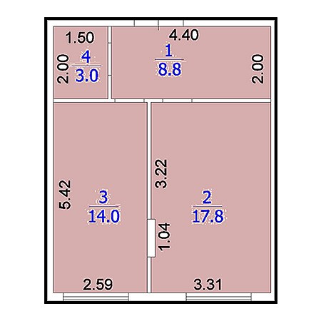 1 комнатная 43.6м²