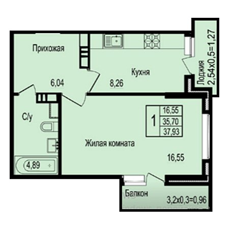 1 комнатная 37.93м²