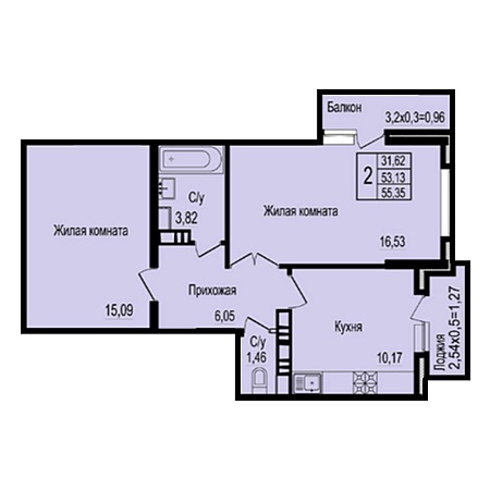 2 комнатная 53.35м²