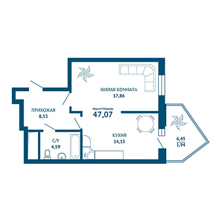 1 комнатная 47.07м²