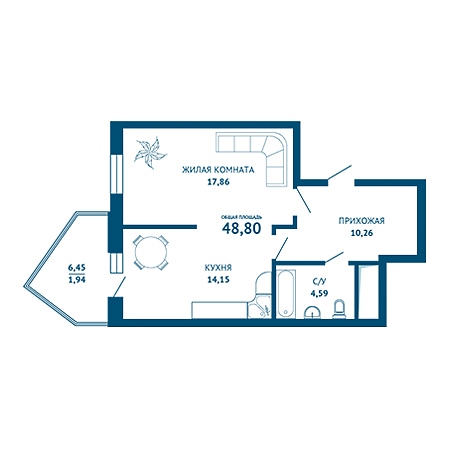 1 комнатная 48.8м²