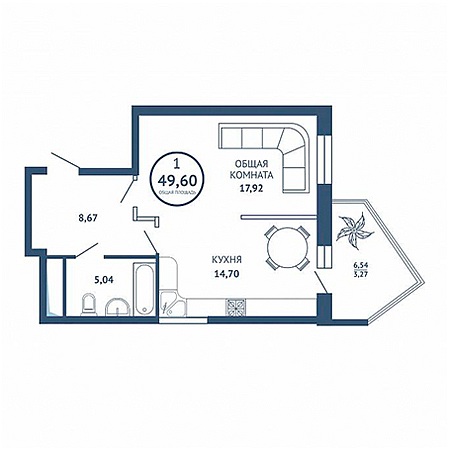 1 комнатная 49.6м²