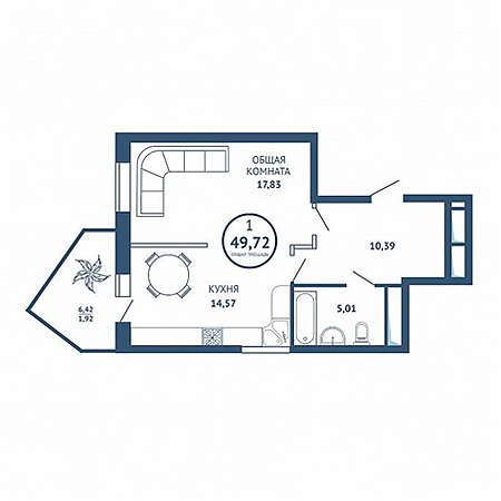 1 комнатная 49.72м²