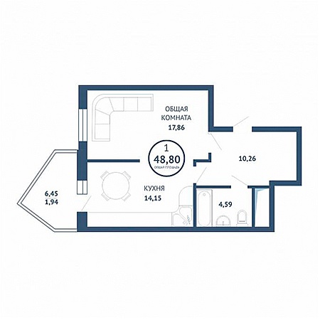 1 комнатная 49.8м²