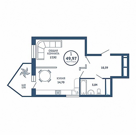 1 комнатная 49.97м²