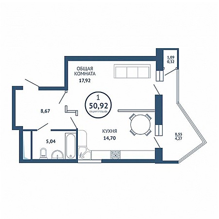 1 комнатная 50.92м²