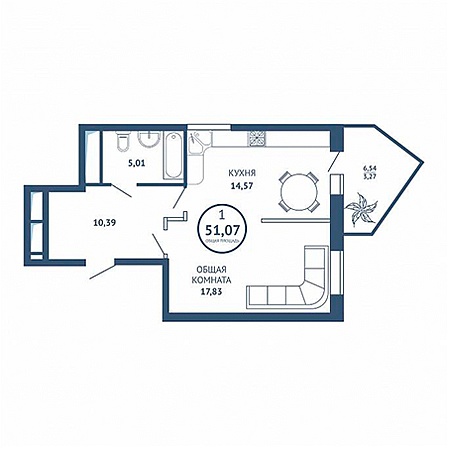 1 комнатная 51.07м²