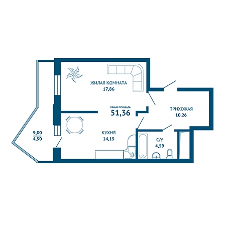 1 комнатная 51.36м²