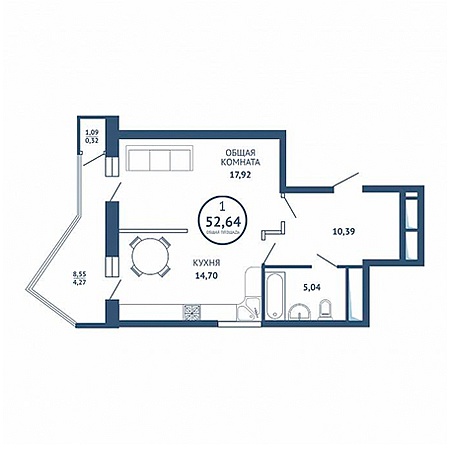 1 комнатная 52.64м²