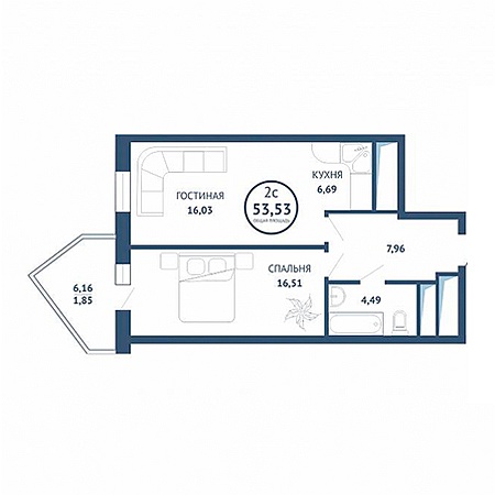 2 комнатная 53.53м²