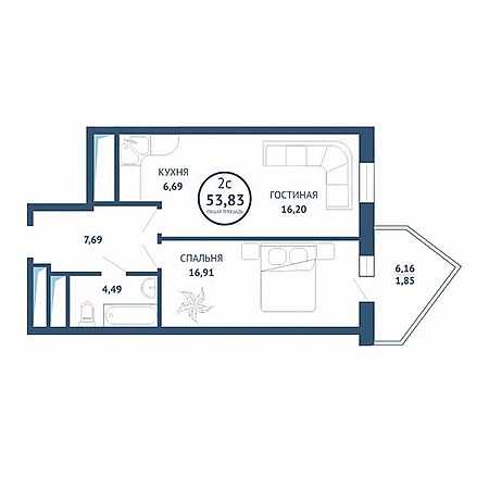 2 комнатная 53.83м²