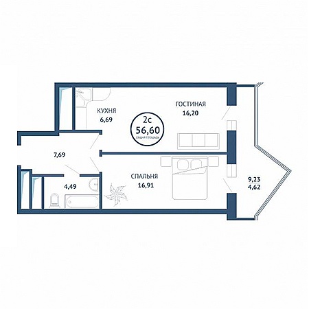 2 комнатная 56.6м²