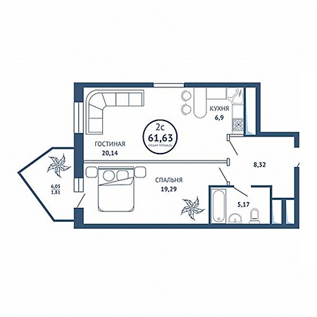 2 комнатная 61.63м²