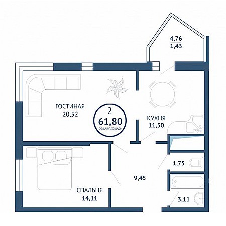 2 комнатная 61.8м²