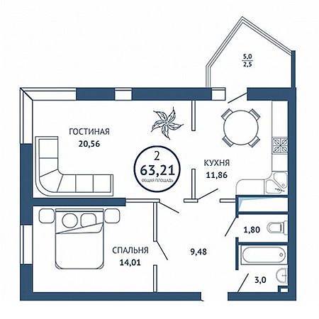 2 комнатная 63.21м²