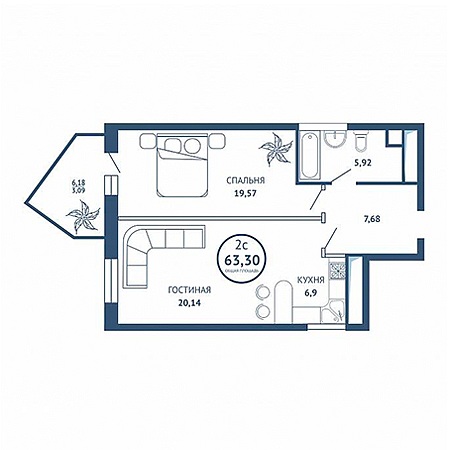 2 комнатная 63.3м²