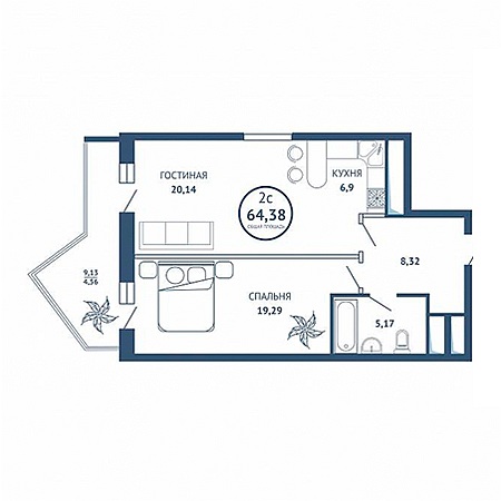 2 комнатная 64.38м²