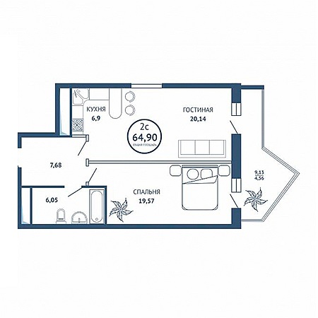 2 комнатная 64.9м²