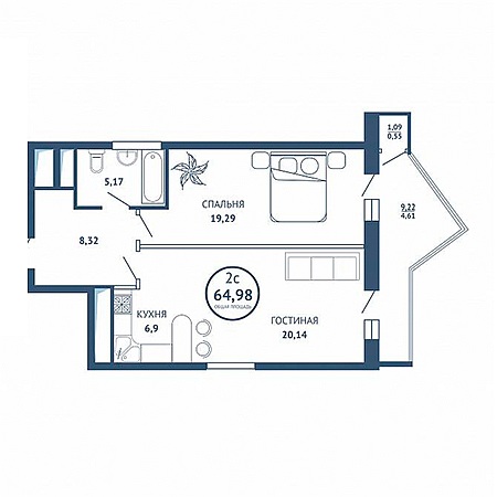 2 комнатная 64.98м²