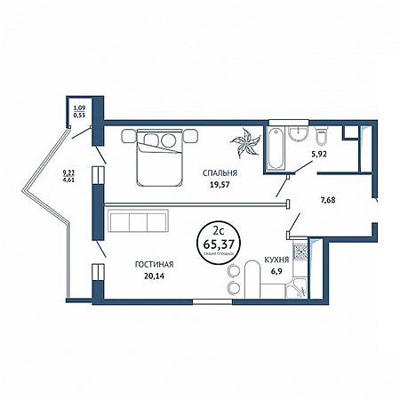 2 комнатная 65.37м²