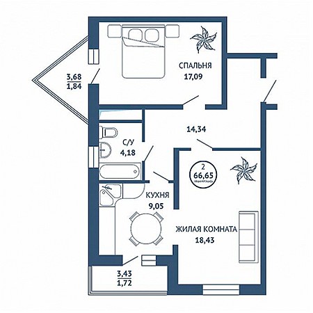 2 комнатная 66.65м²