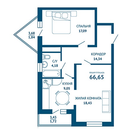 2 комнатная 66.65м²