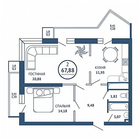 2 комнатная 67.88м²