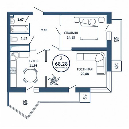 2 комнатная 68.28м²