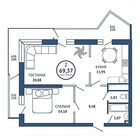 2 комнатная 69.37м²