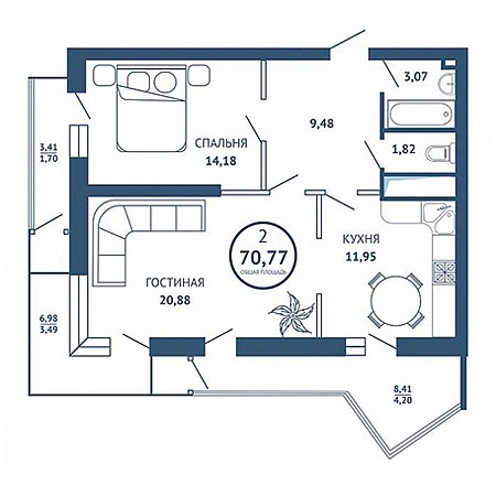 2 комнатная 70.77м²