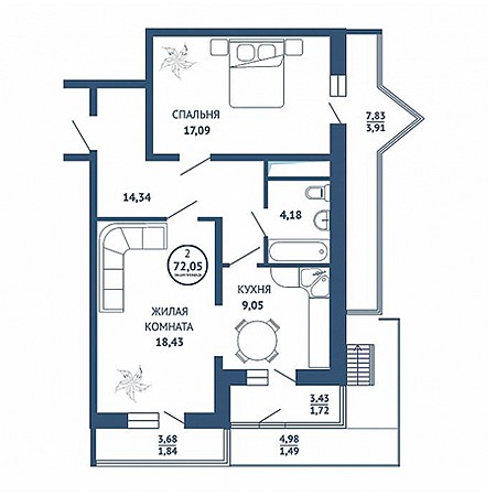 2 комнатная 72.05м²