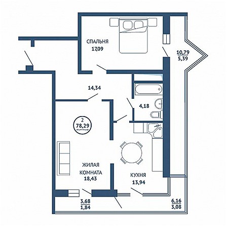 2 комнатная 78.29м²