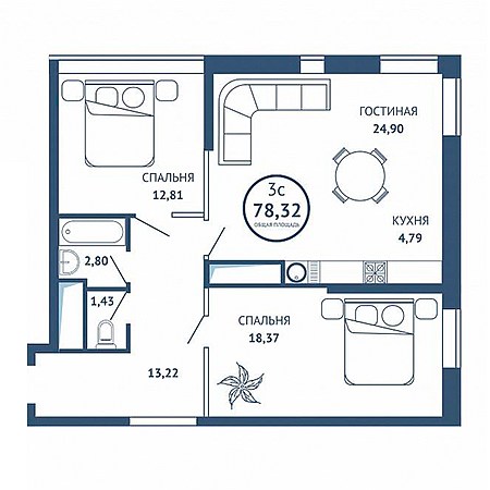 3 комнатная 78.32м²