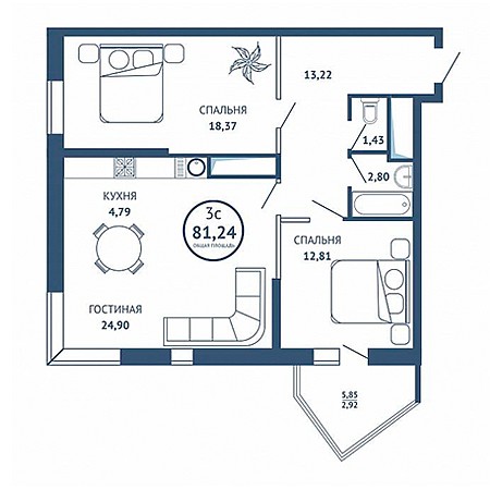 3 комнатная 81.24м²