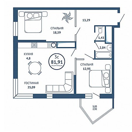 3 комнатная 81.91м²