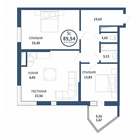 3 комнатная 85.54м²