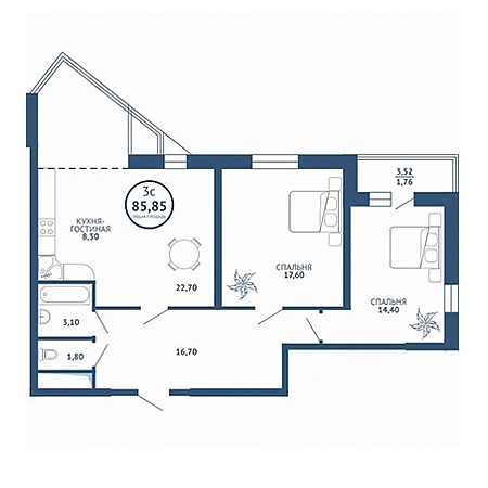 3 комнатная 85.85м²