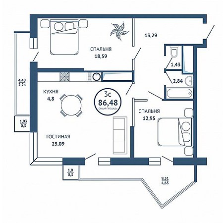 3 комнатная 86.48м²