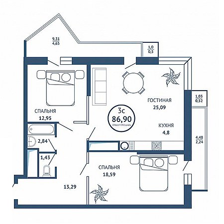 3 комнатная 86.9м²