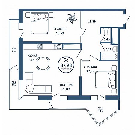 3 комнатная 87.98м²