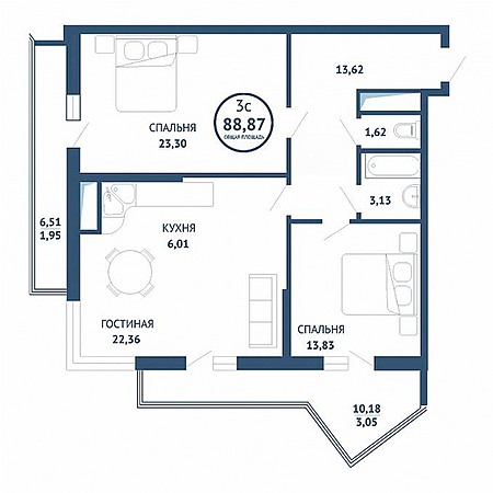 3 комнатная 88.87м²