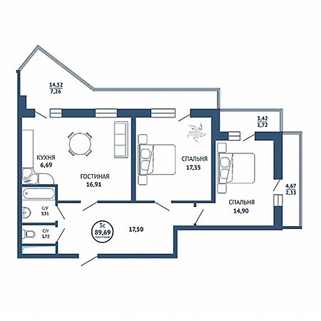 3 комнатная 89.69м²