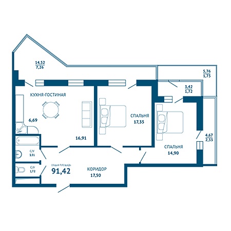 3 комнатная 91.42м²