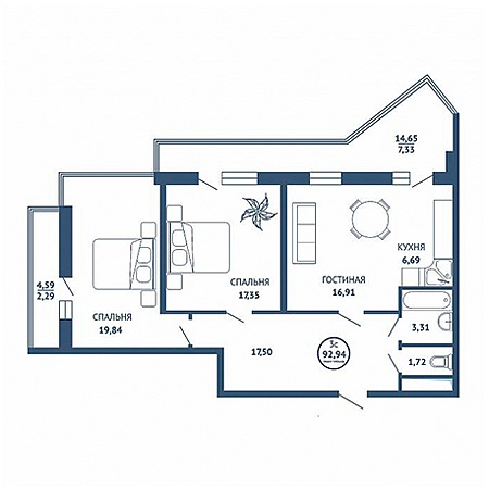 3 комнатная 92.94м²