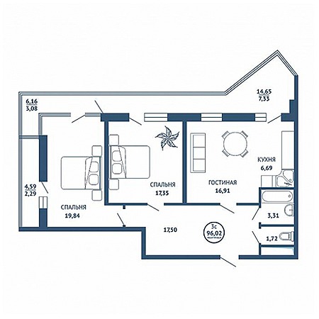 3 комнатная 96.02м²