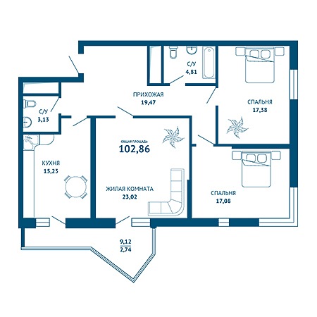 3 комнатная 102.86м²