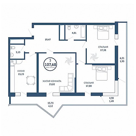 3 комнатная 107.68м²