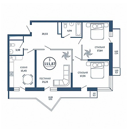 3 комнатная 111.87м²