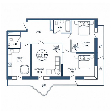 3 комнатная 113.37м²