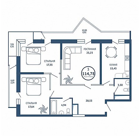 3 комнатная 114.78м²